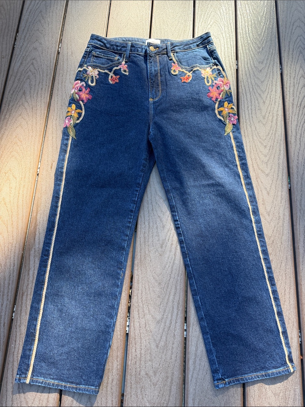 Driftwood  Royce Embroidered Floral ankle length Jeans Dark Wash NWOT